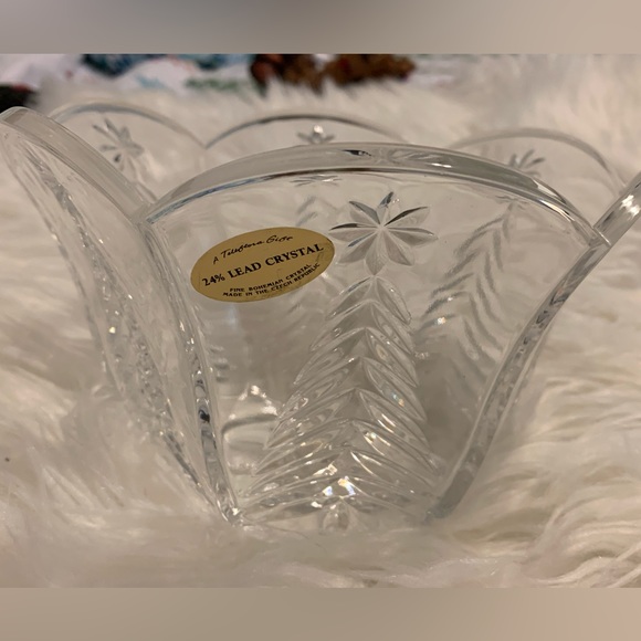 Lead Crystal Holiday Ice Bucket Bowl Winter Evergreen Tree  Stars Etched Czech - Picture 2 of 11